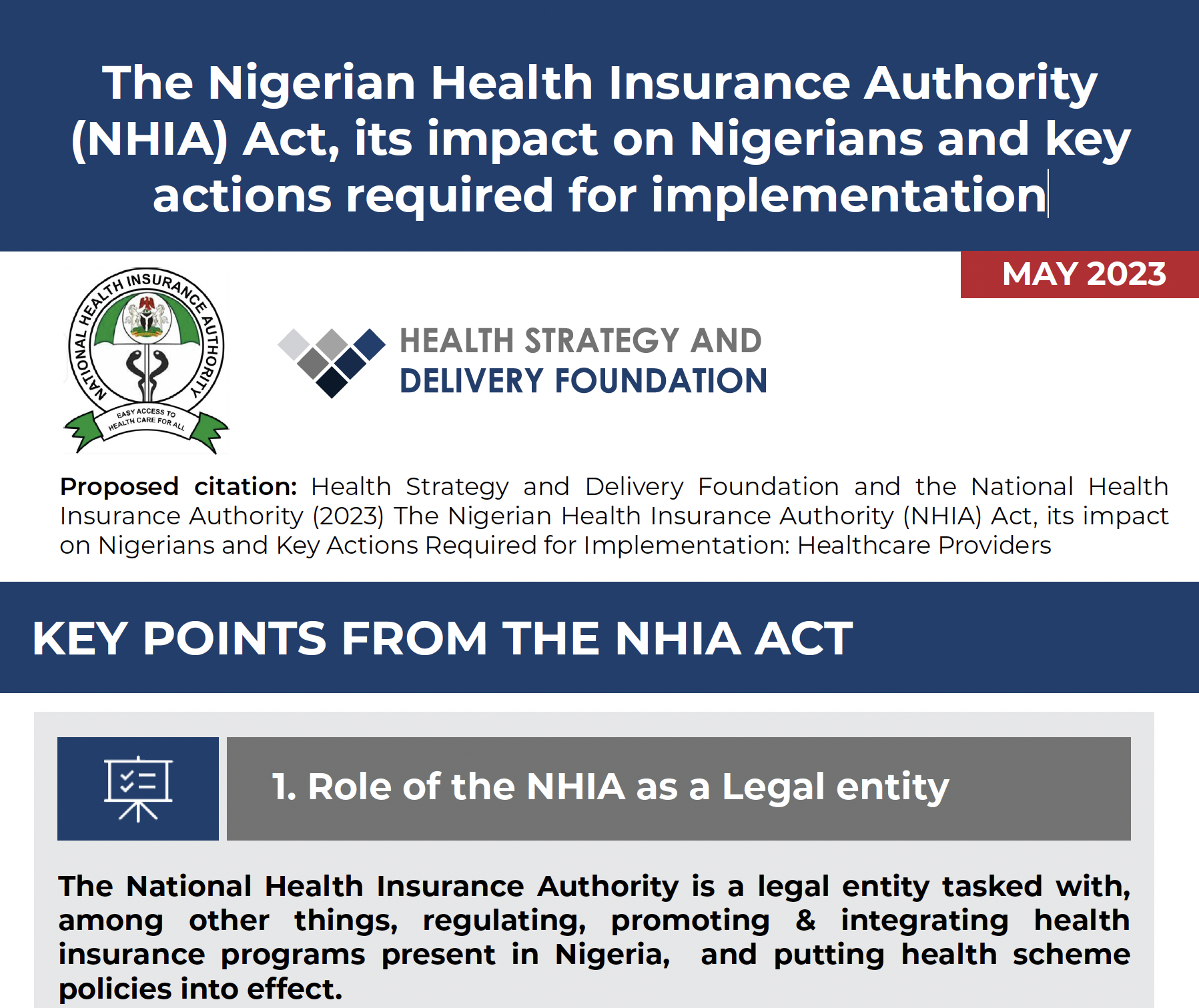 La loi sur l'autorité nigériane d'assurance maladie : Actions requises pour la mise en œuvre par les prestataires de soins de santé
