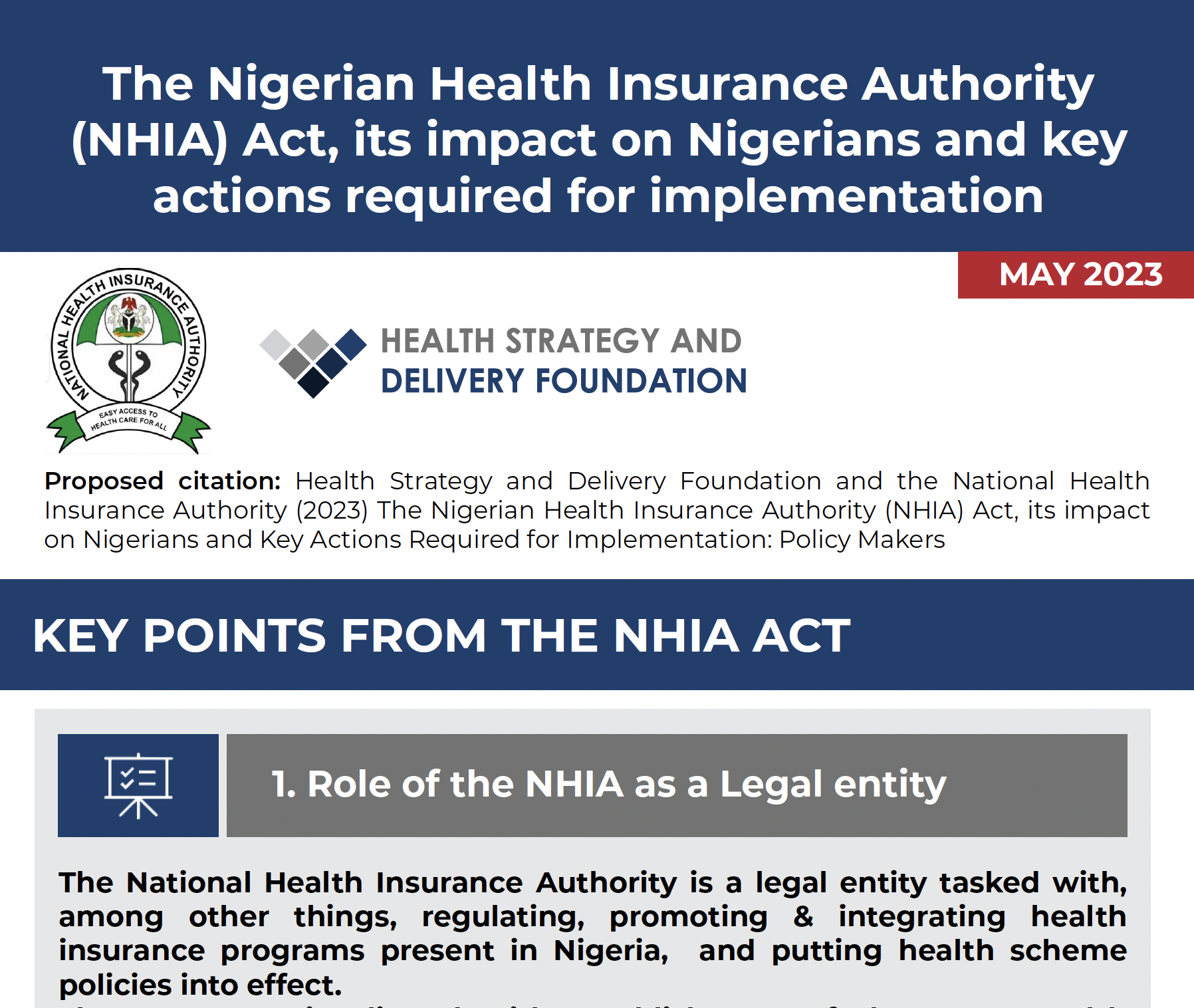 La loi sur l'Autorité nigériane d'assurance maladie : Actions requises pour la mise en œuvre à l'intention des décideurs politiques